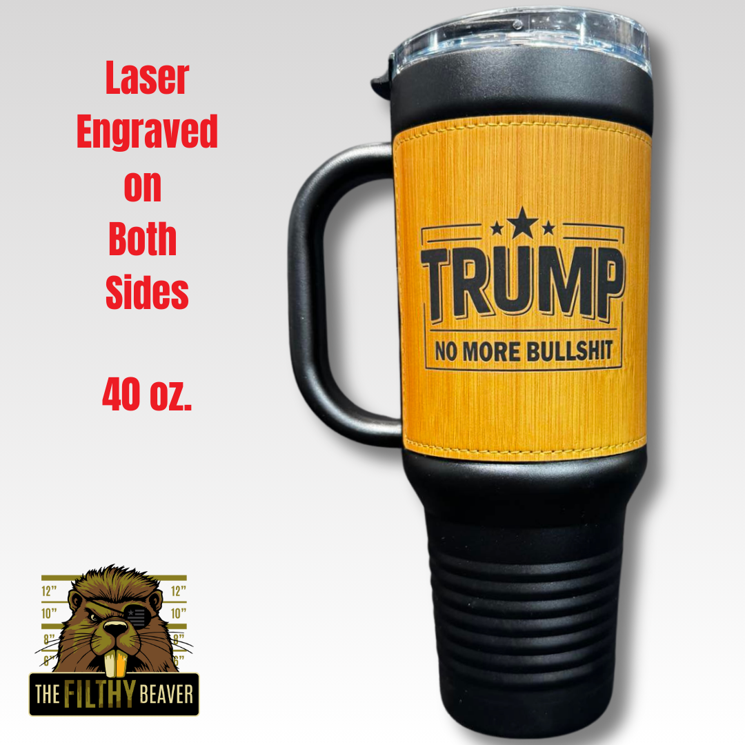 Trump No More Bullshit Travel Mug | 40 oz Stainless Steel Leatherette Mug with Handle | MAGA