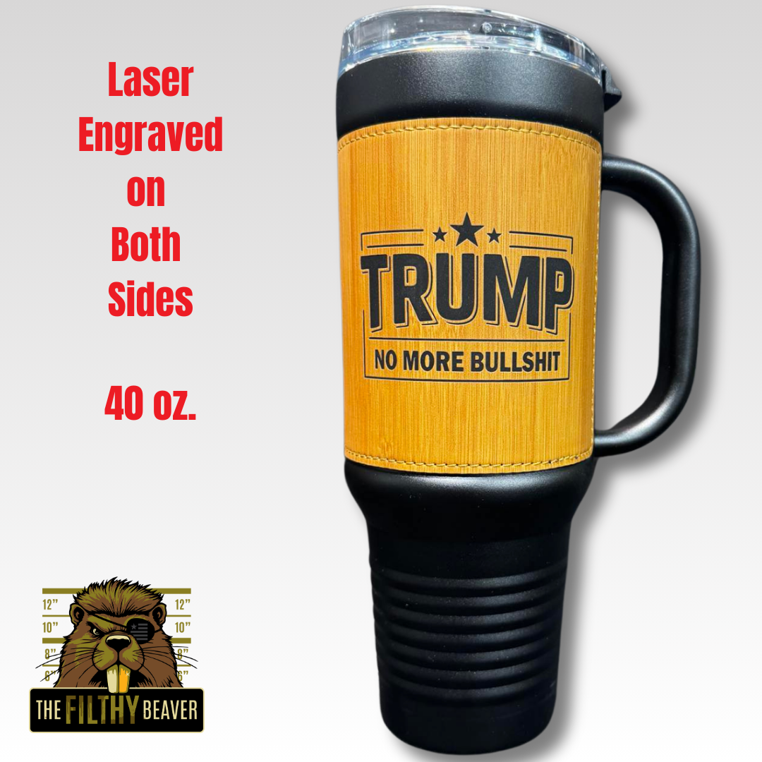 Trump No More Bullshit Travel Mug | 40 oz Stainless Steel Leatherette Mug with Handle | MAGA